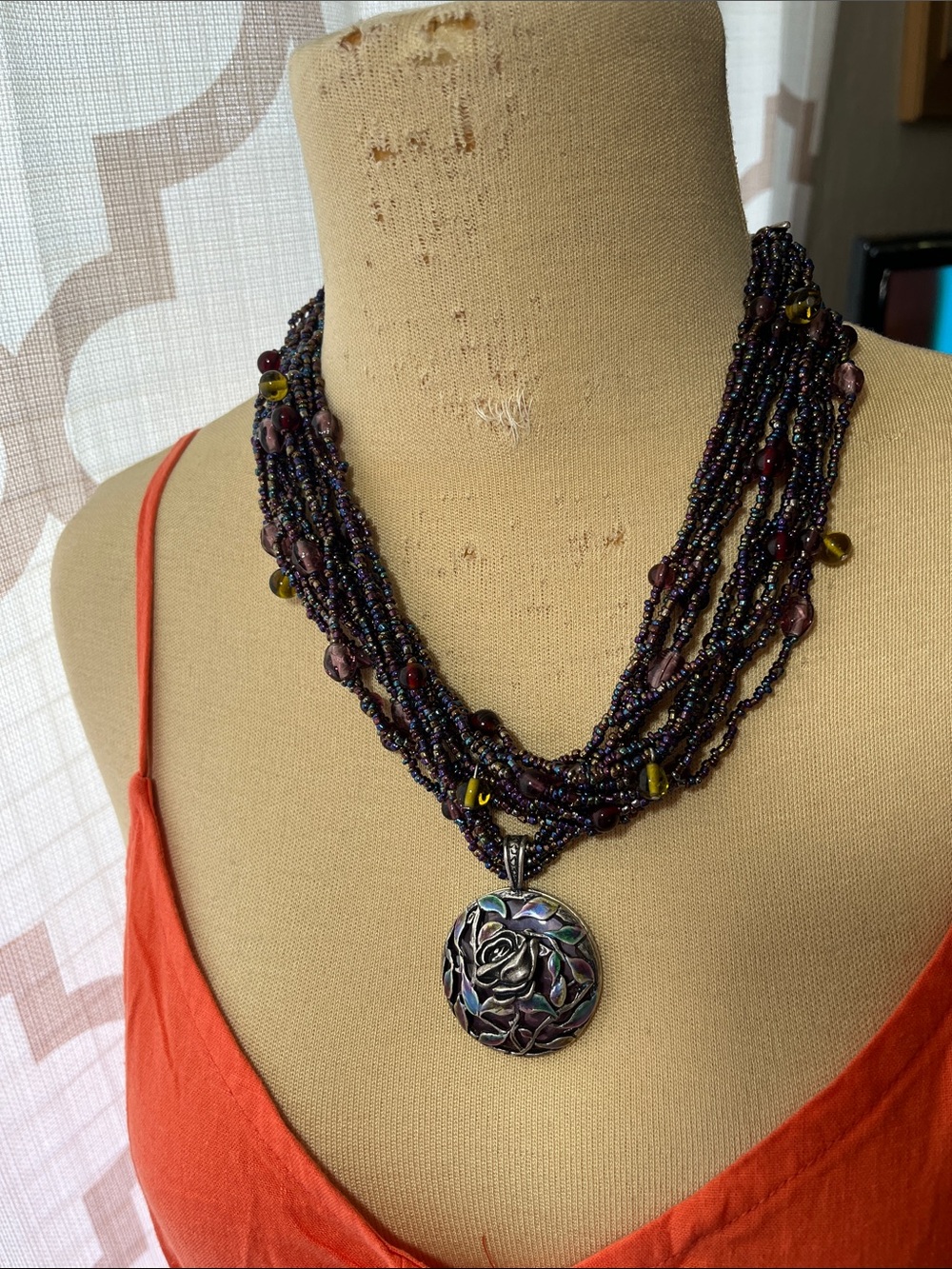 Chico's Multi-Strand Purple Beaded Necklace with Floral Pendant